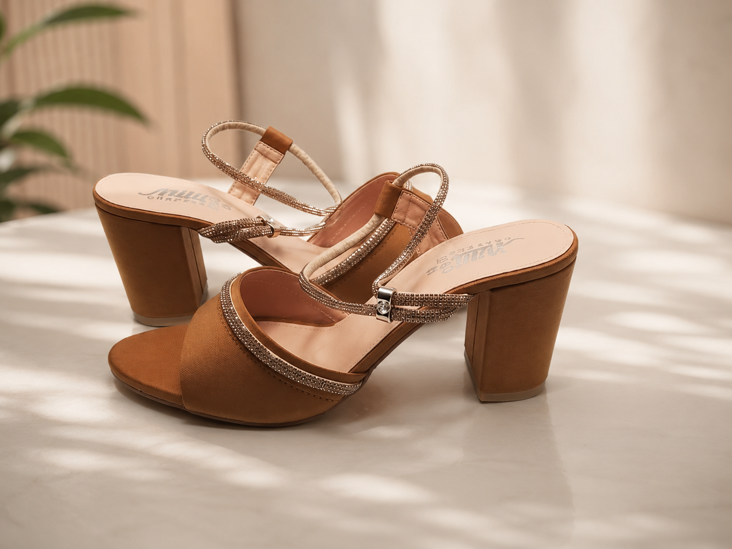 Caramel Crystal Block Heel Sandals - Image 3