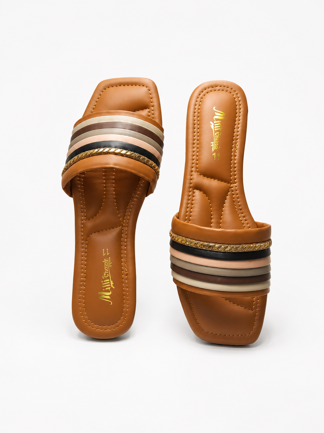 Junoon Luxe Multi-Stripe Tan Flat Slides - Image 2
