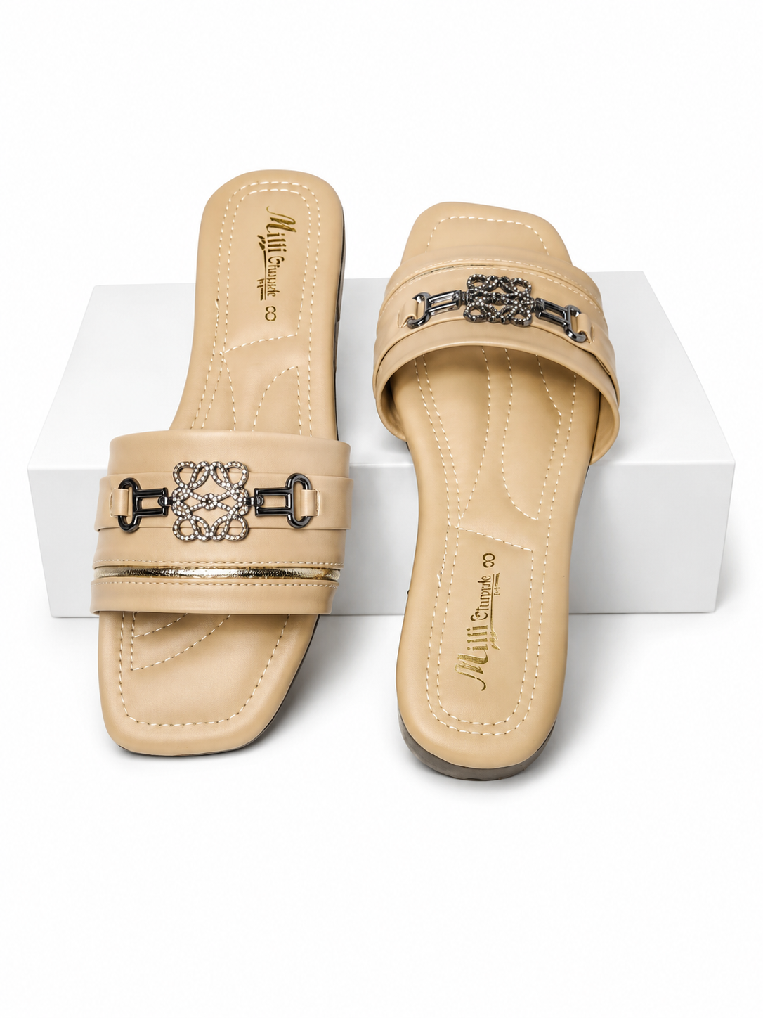 Junoon Nude Luxe Chain Flat Slides - Image 3