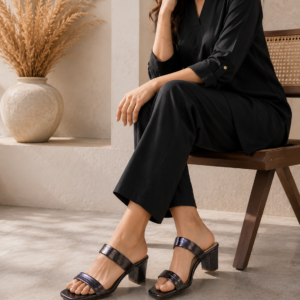 Metallic Pewter Block Heel Sandals