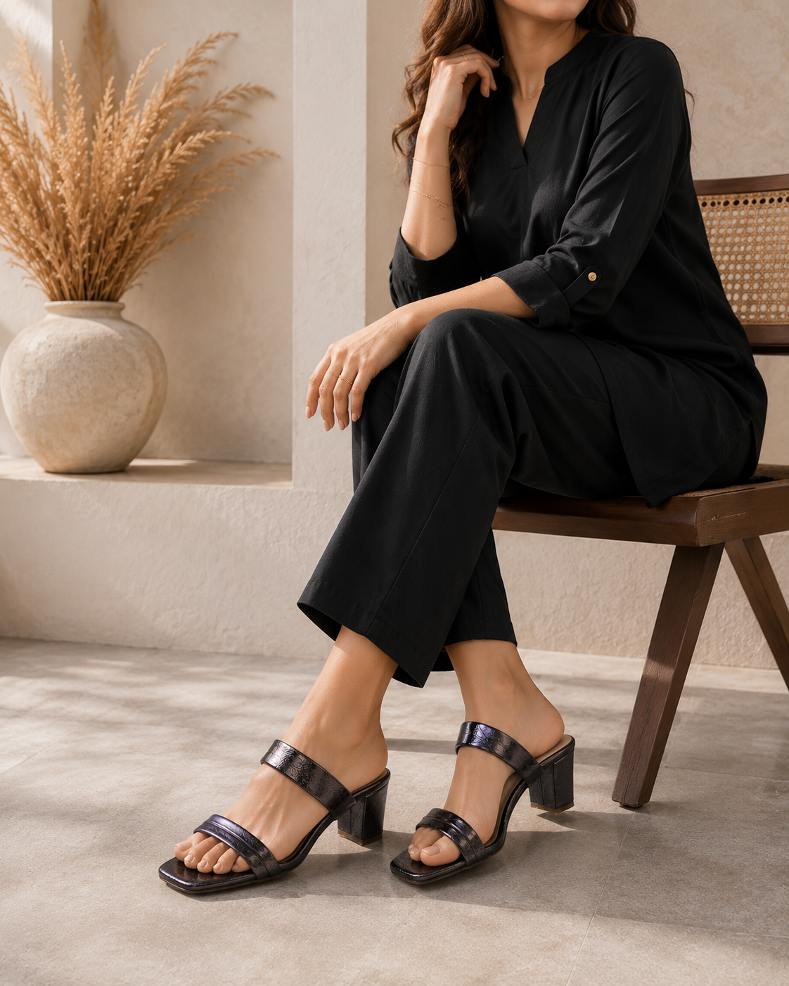 Metallic Pewter Block Heel Sandals