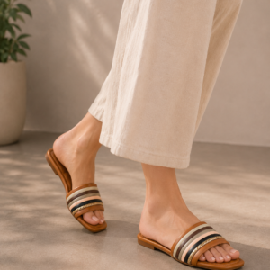 Junoon Luxe Multi-Stripe Tan Flat Slides