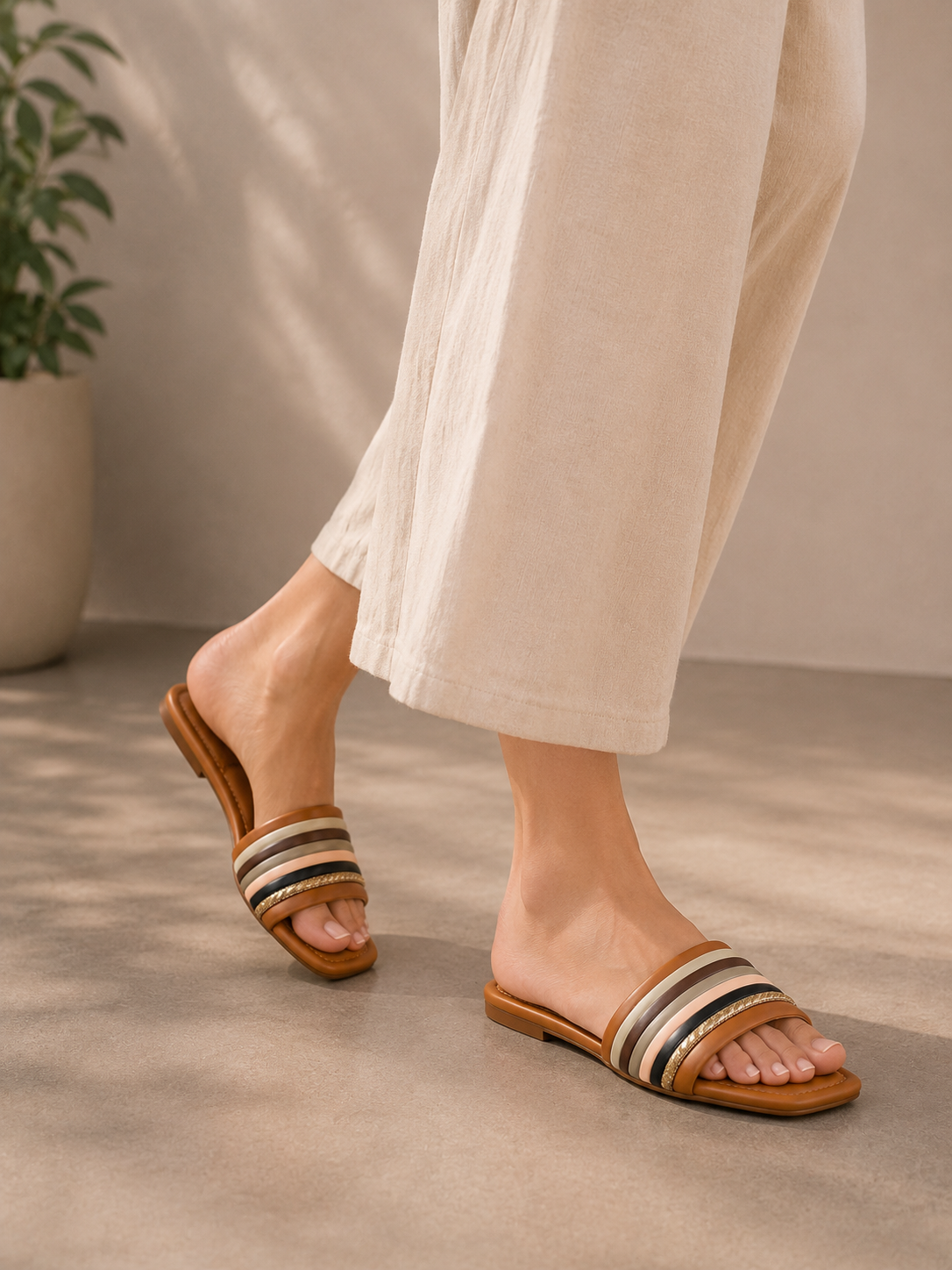 Junoon Luxe Multi-Stripe Tan Flat Slides